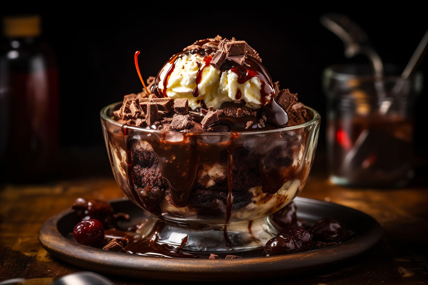 Ζεστό brownie sundae με fudge, σερβιρισμένο σε γυάλινο μπολ με μια μπάλα παγωτό βανίλια