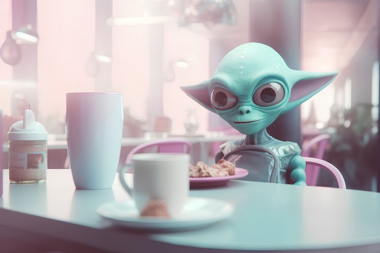 Εξωγήινος σε καφέ 3d