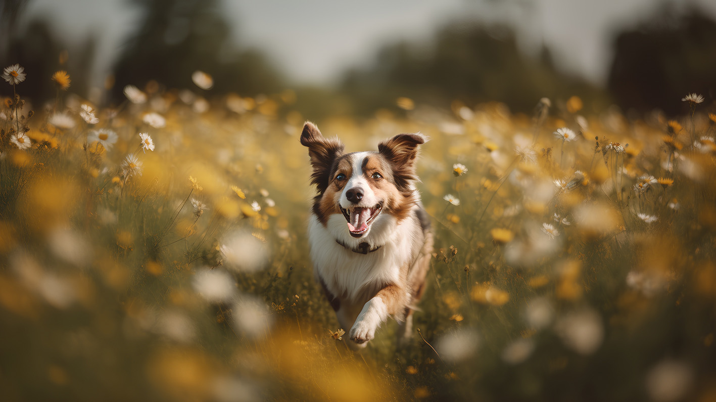 Ποιμενικός σκύλος από την Αυστραλία τρέχει στο χωράφι με τις μαργαρίτες