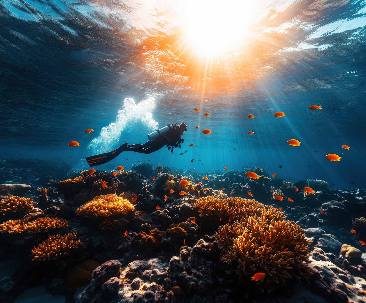 Δύτης με μπουκάλα εξερευνά τον βυθό της θάλασσας