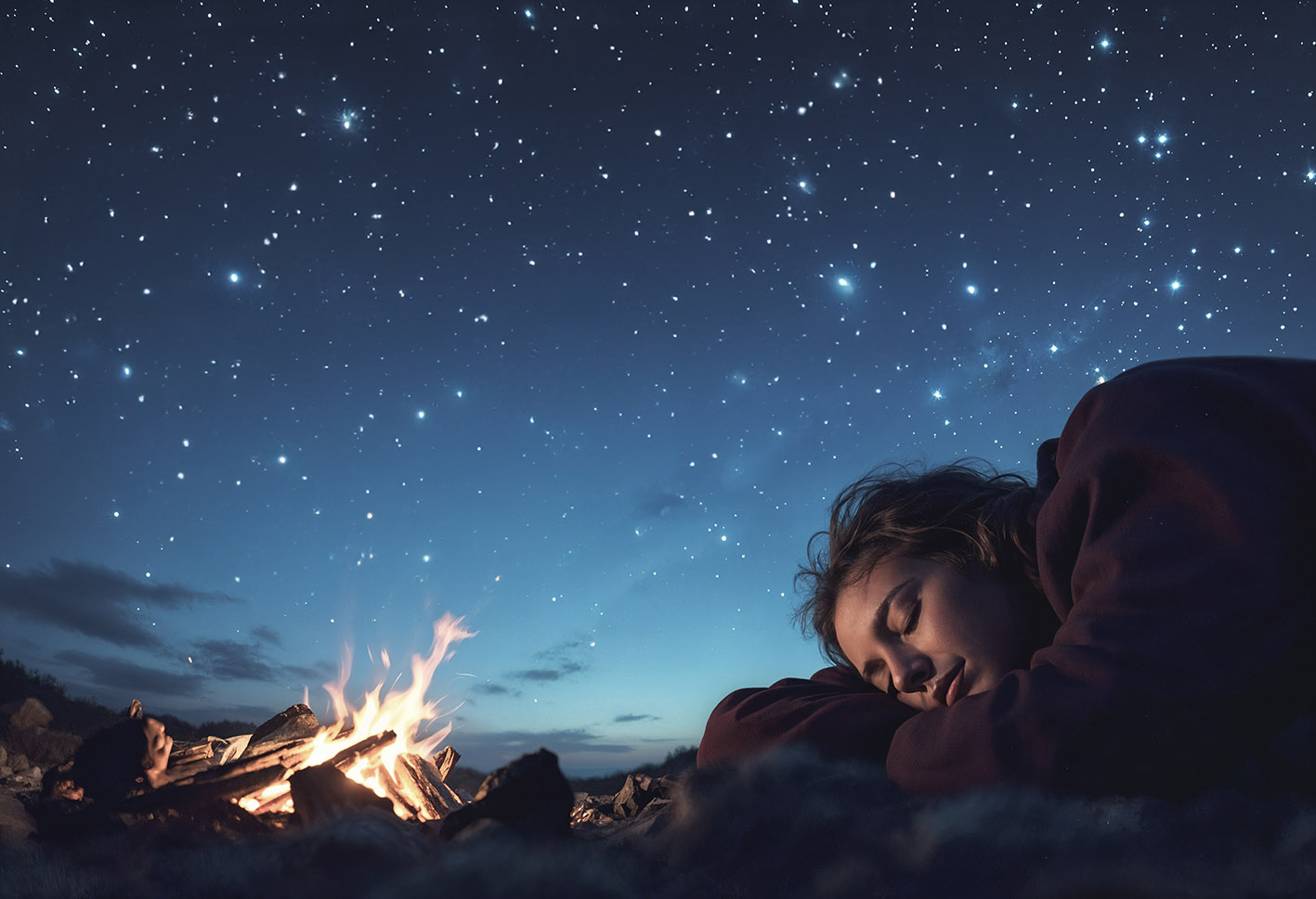 Γυναίκα κοιμάται κάτω από τα άστρα στη φύση