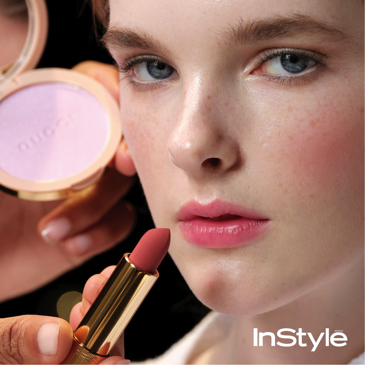 model with peach rouge