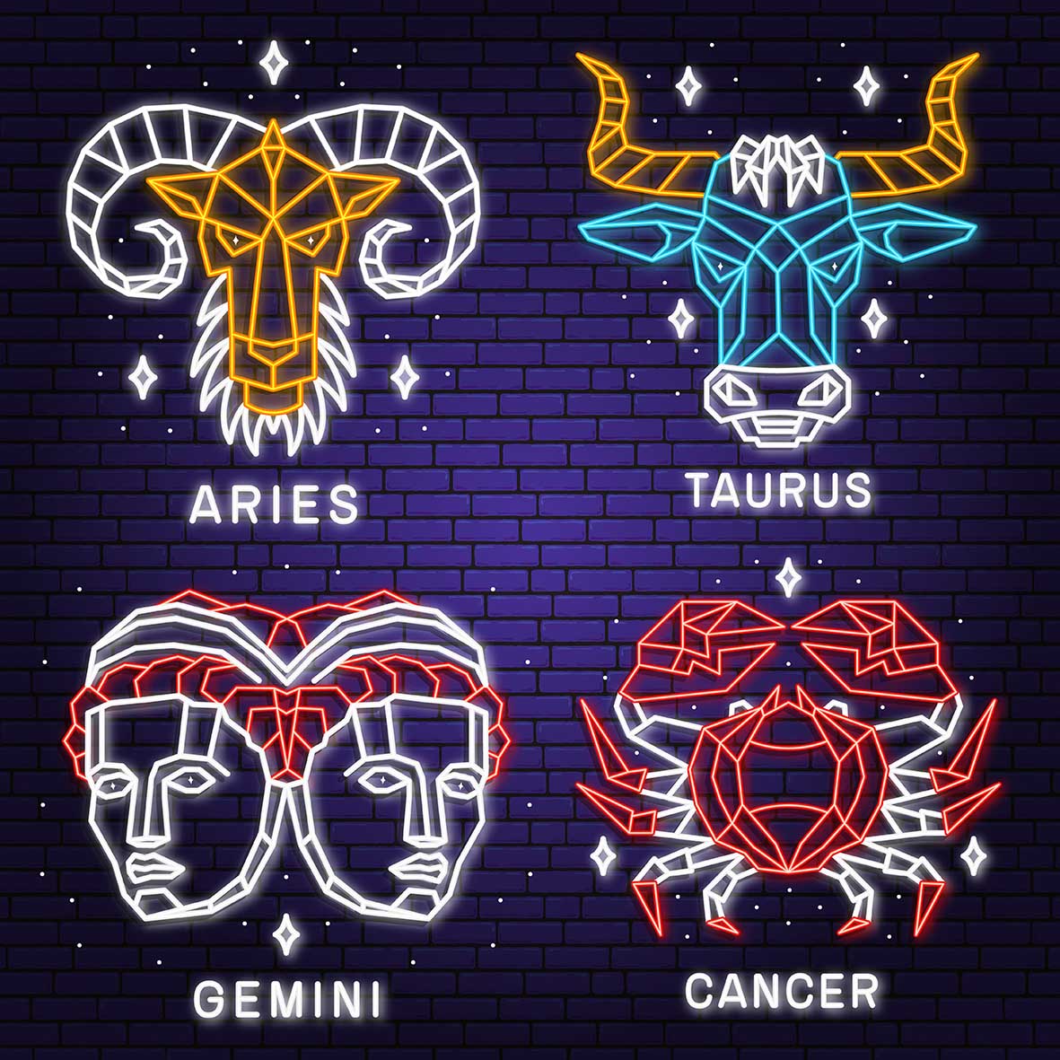 Τέσσερα ζώδια σε σκίτσα Κριός Ταύρος Δίδυμοι Καρκίνος