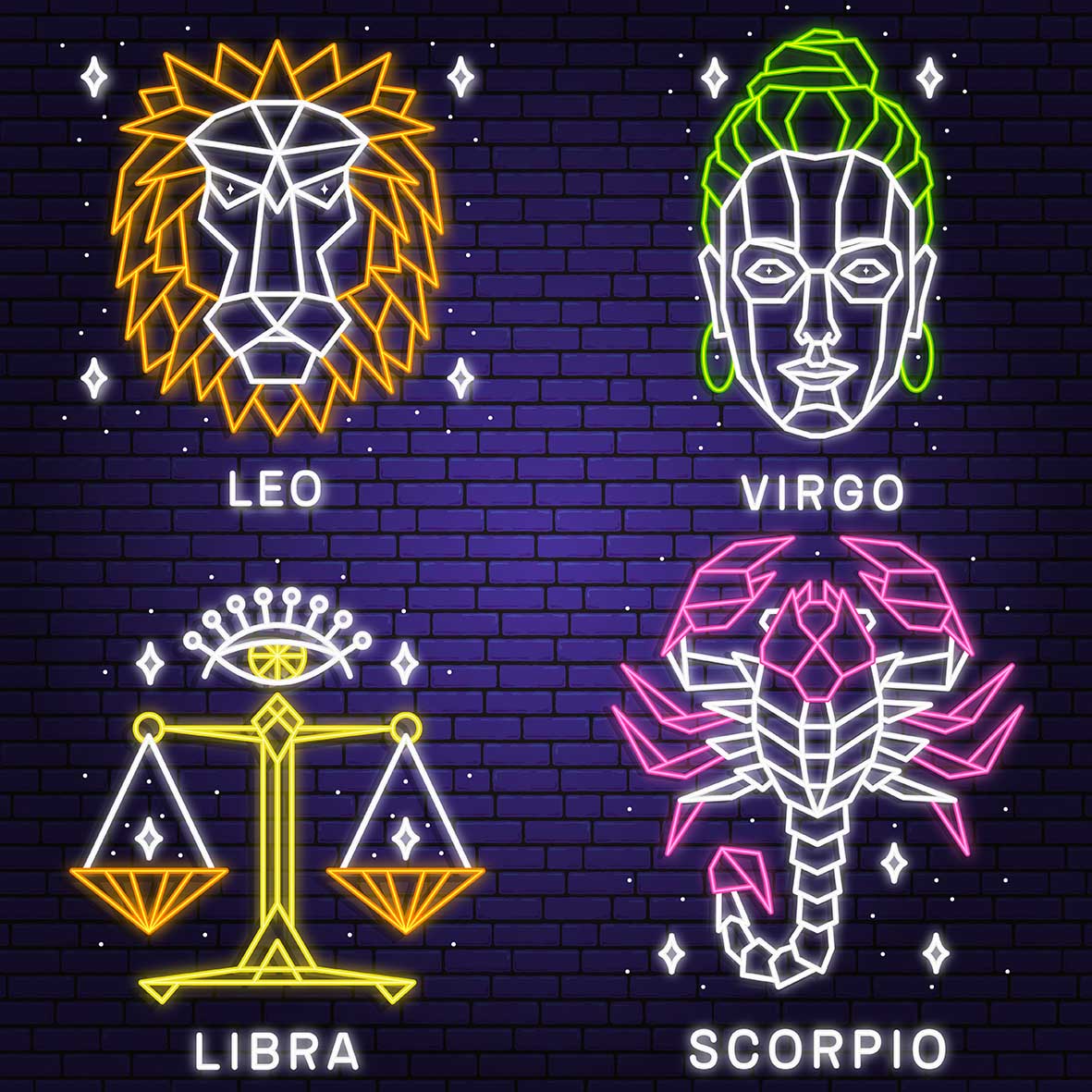 Τέσσερα ζώδια σε σκίτσα Λέων, Παρθένος, Ζυγός, Σκορπιός