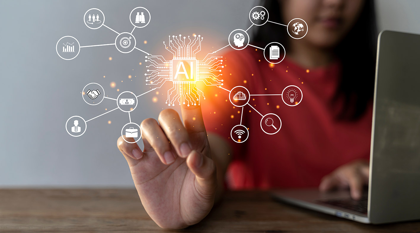 Tεχνητή Νοημοσύνη και μάθηση. Δάκτυλο φοιτήτριας μαθήτριας πατά το ΑΙ