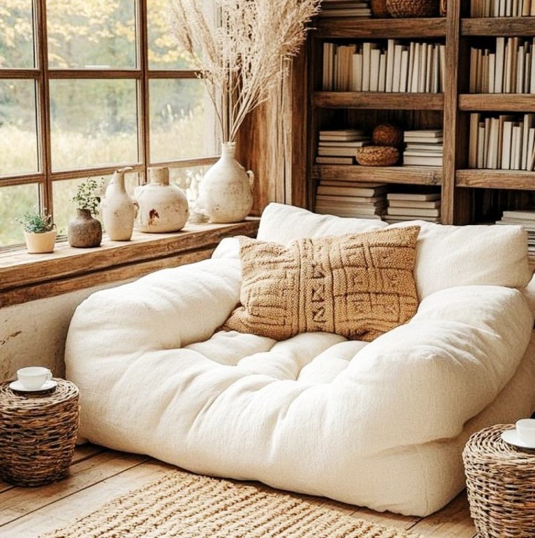 Μία ζεστή γωνιά στο σπίτι με άνετο πουφ δίπλα στο παράθυρο