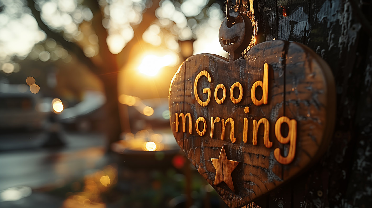 Καλημέρα πάνω σε ξύλινη ταμπέλα σε δέντρο στα αγλλικά