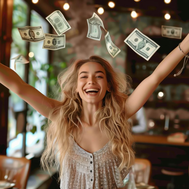 Γυναίκα χαμογελά και χρήματα πετάνε