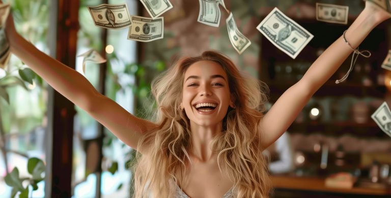 Γυναίκα χαμογελά και χρήματα πετάνε