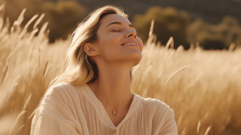 Γυναίκα χαρούμενη σκέφτεται στη φύση