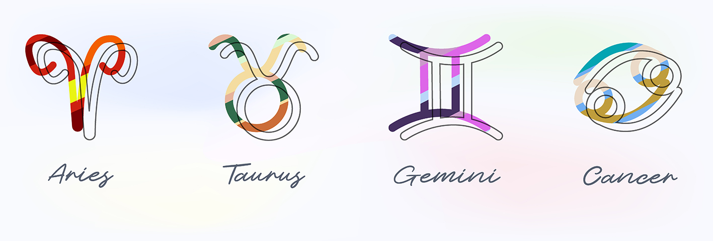 Τέσσερα ζώδια σε σκίτσα Κριός Ταύρος Δίδυμοι Καρκίνος