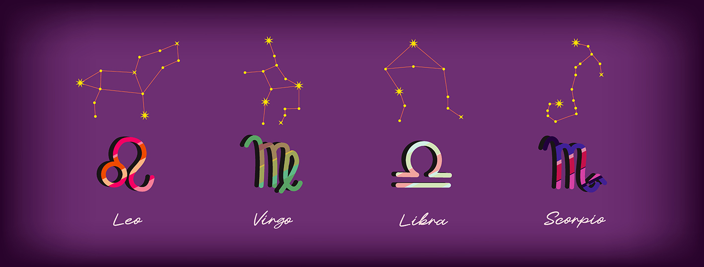 Τέσσερα ζώδια σε σκίτσα Λέων, Παρθένος, Ζυγός, Σκορπιός