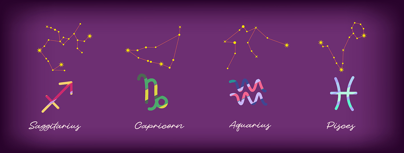 Τέσσερα ζώδια σε σκίτσο Τοξότης, Αιγόκερως, Υδροχόος και Ιχθύς