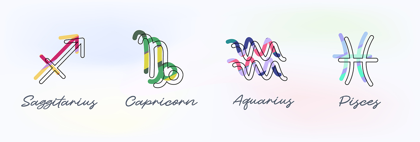 Τέσσερα ζώδια σε σκίτσο Τοξότης, Αιγόκερως, Υδροχόος και Ιχθύς