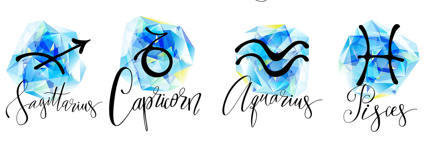 Τέσσερα ζώδια σε σκίτσο Τοξότης, Αιγόκερως, Υδροχόος και Ιχθύς