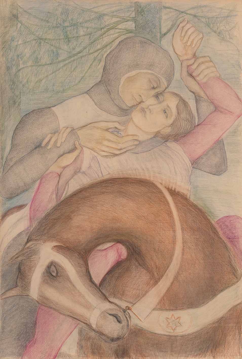 Pierre Klossowski - Le Jeune Ogier dans les bras du Frère Lahire II, 1972 - Matita e pastello su carta 110 x 75 cm - Collezione Bilinelli, Milano