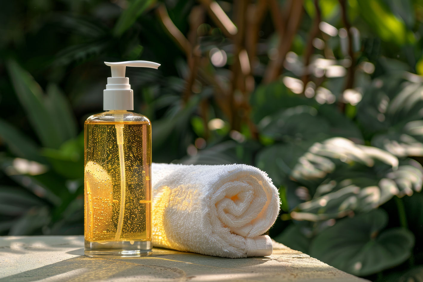 Λάδι σώματος και πετσέτα.