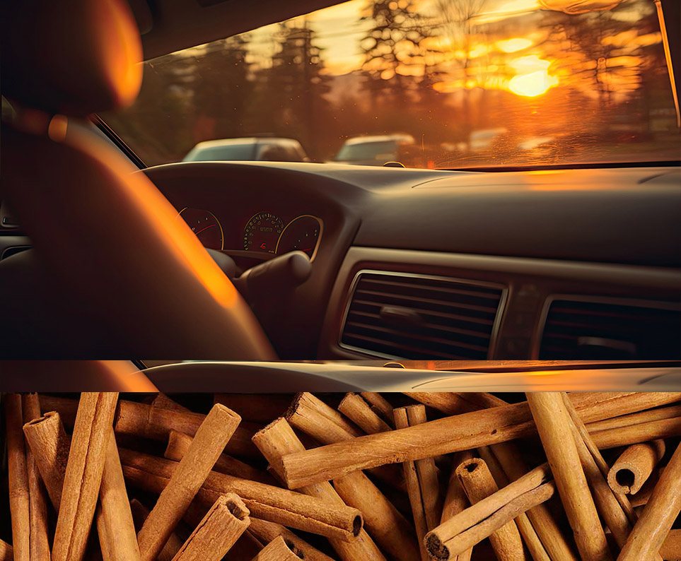 Εσωτερικό αυτοκινήτου το δειλινό και ξύλα κανέλας. Δύο φωτογραφίες μαζί.