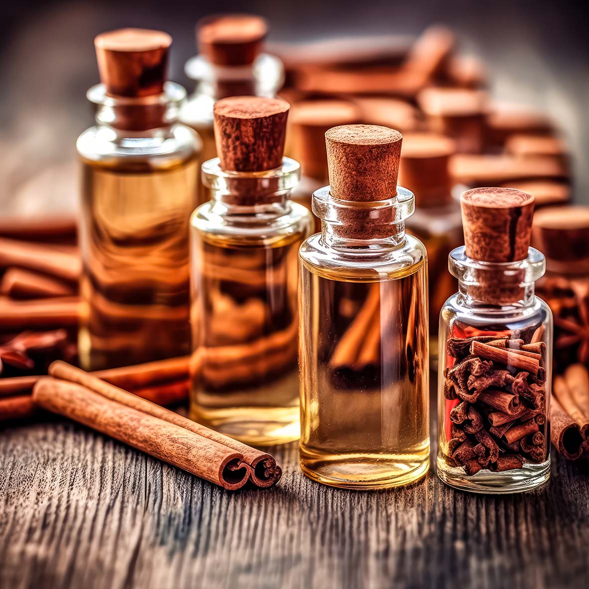 Έλαιο κανέλας σε μπουκάλια μαζί με ξυλάκια κανέλας