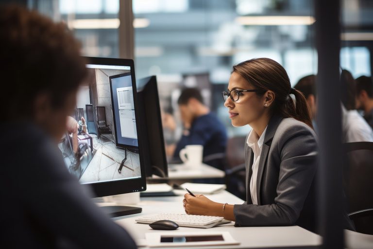 Γυναίκα εργάζεται σε γραφείο. Στο βάθος οι συνάδελφοί της.