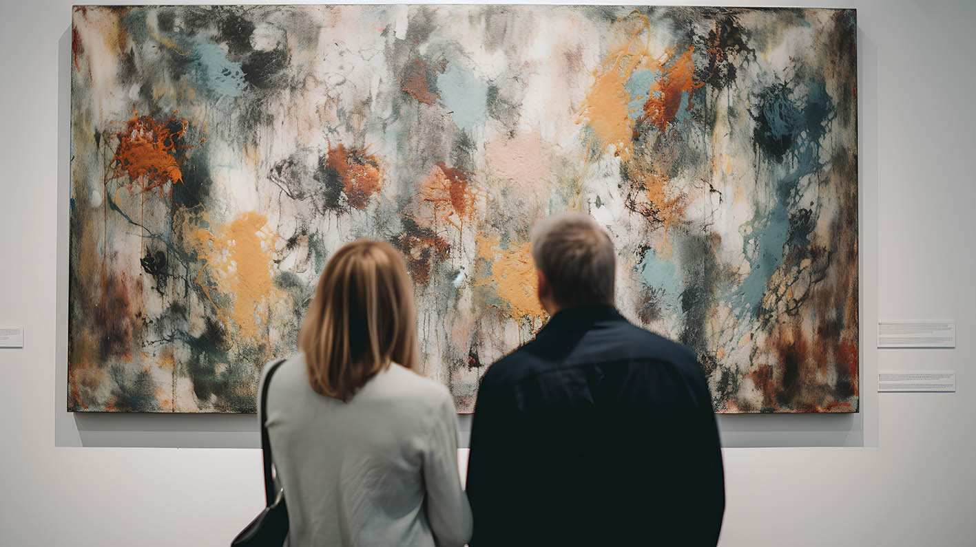 Φίλοι ή ζευγάρι σε μουσείο ή γκαλερί βλέπουν πίνακα ζωγραφικής