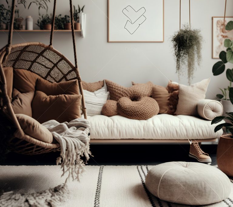 Cozy δωμάτιο σπιτιού με κρεμαστή κούνια