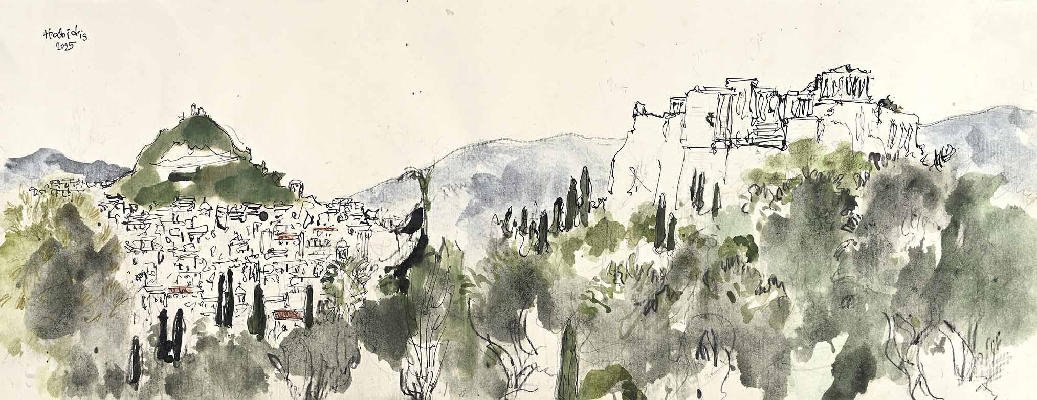 Ακουαρέλα του Πάβλου Χαμπίδη - Θέα από την Πνύκα.