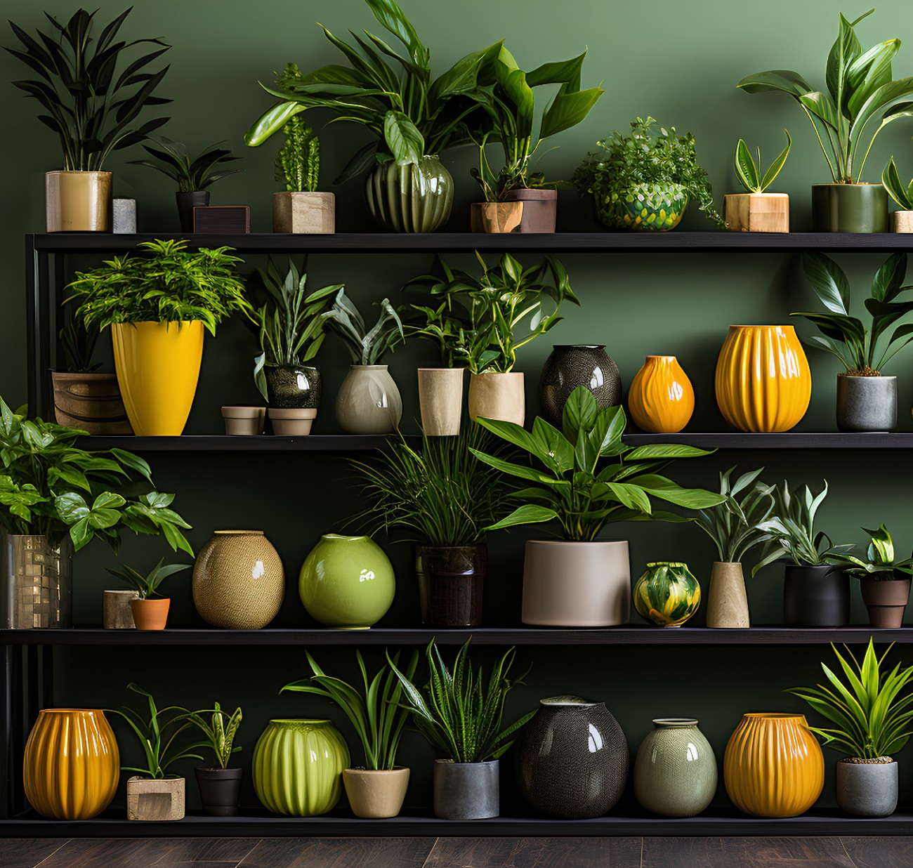 Φυτά εσωτερικού χώρου και βάζα πάνω σε ράφια