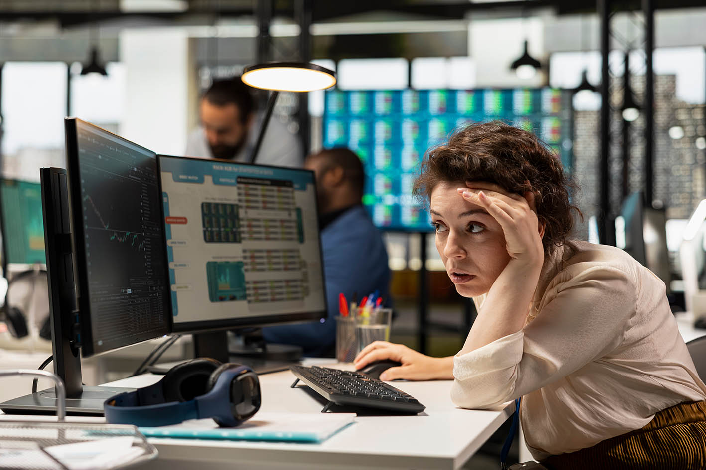 Γυναίκα εργάζεται σε γραφείο. Στο βάθος οι συνάδελφοί της.