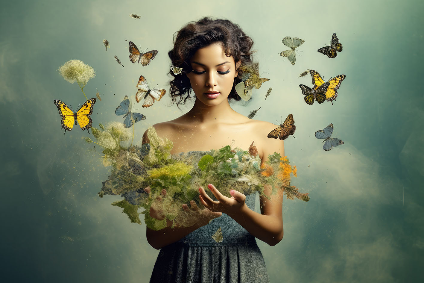 Γυναίκα κρατά γρασίδι και πεταλούδες πετάνε γύρω της