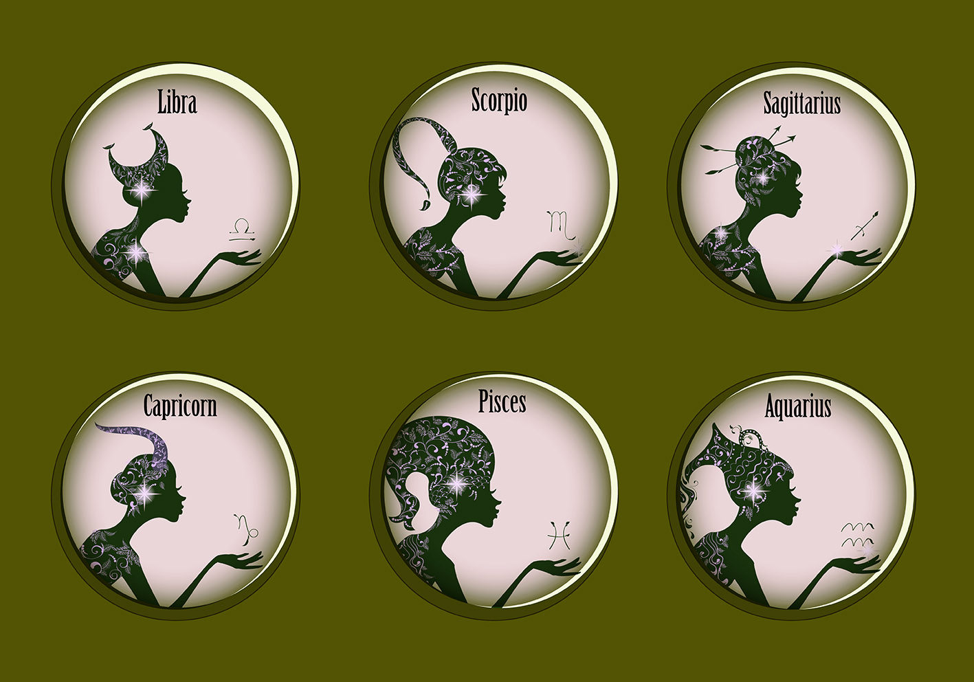 Εξι ζώδια σε σκίτσο γυναίκας