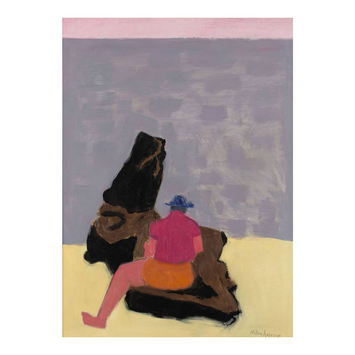 Milton Avery, Μορφή στην προβλήτα, υπογεγραμμένη και χρονολογημένη «Μίλτον Άβερι 1957» (κάτω δεξιά) και χαραγμένη με τίτλο, ξανά υπογεγραμμένη και ξανά χρονολογημένη (στο πίσω μέρος), λάδι σε καμβά, 46 x 33 ίντσες (116,8 x 83,8 εκ.). Ζωγραφισμένο το 1957. Πωλήθηκε προς 508.500 δολάρια  /  Συλλογή Τζιν Χάκμαν: Μια Ζωή στην Τέχνη / 19 Νοεμβρίου 2025 / Νέα Υόρκη. 