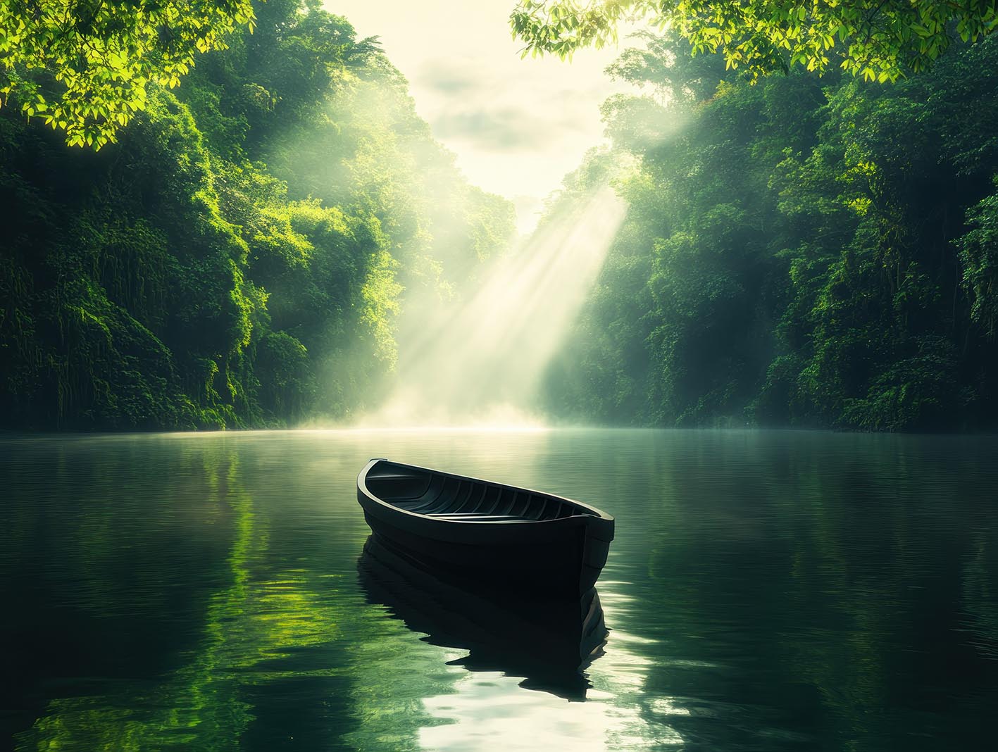 Βάρκα σε ποτάμι με ομίχλη πρωινή