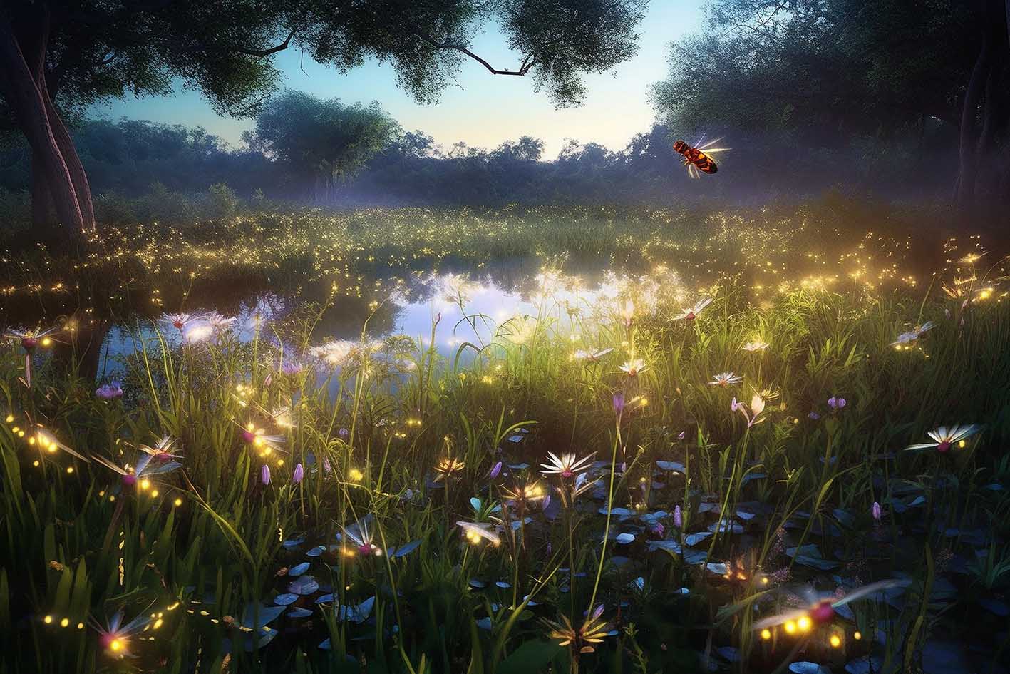 Ποτάμι φανταστικό με λουλούδια και μέλισσες