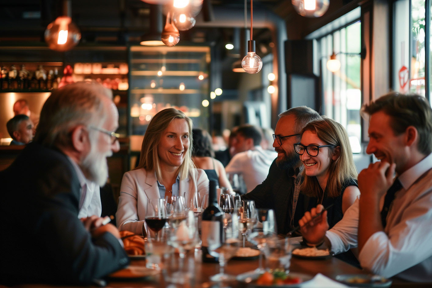 Φίλοι μέσης ηλικίας τρώνε σε εστιατόριο και περνάνε όμορφα