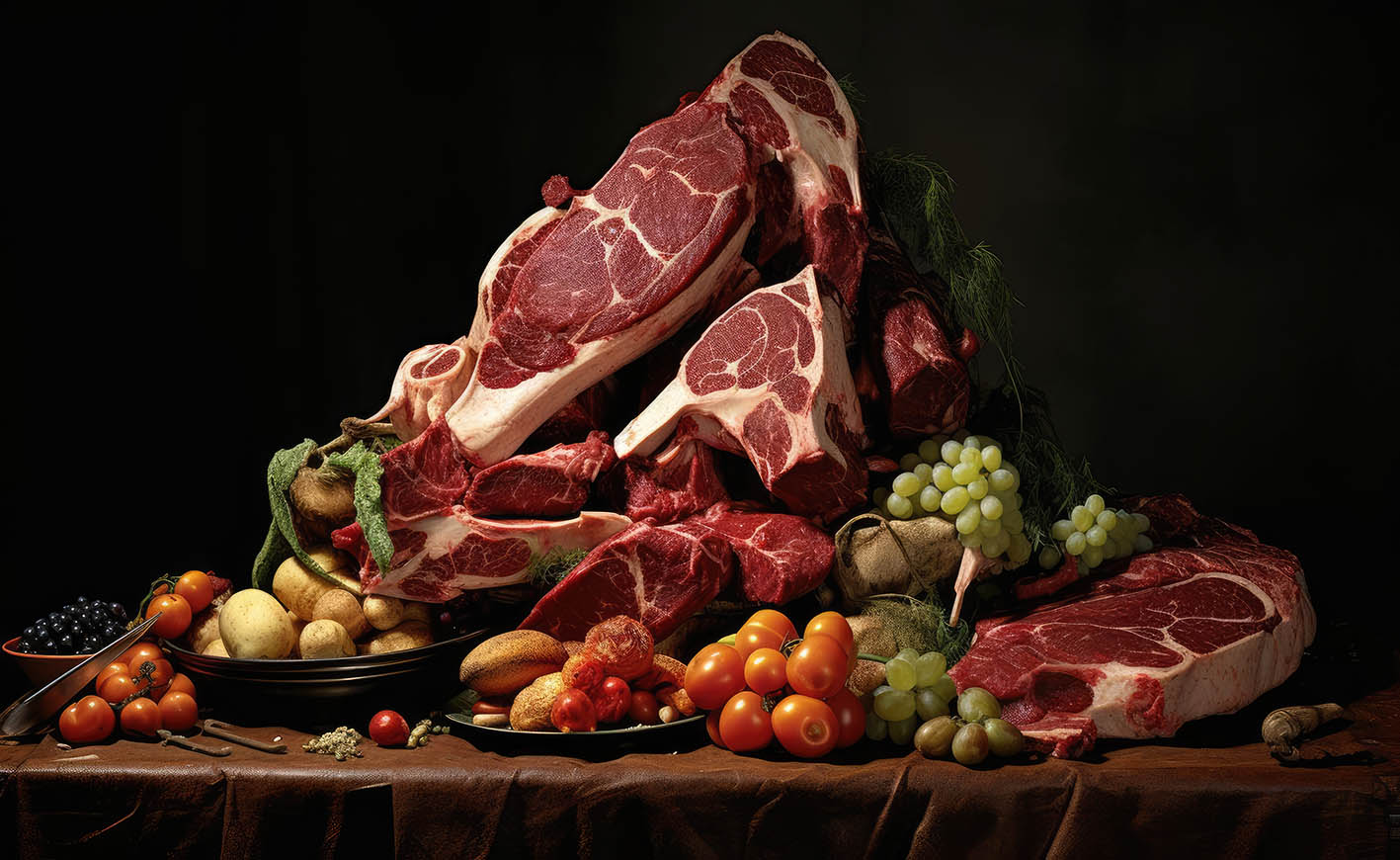 Κομμάτια κρέας μαζί με φρούτα και λαχανικά πάνω σε τραπέζι 