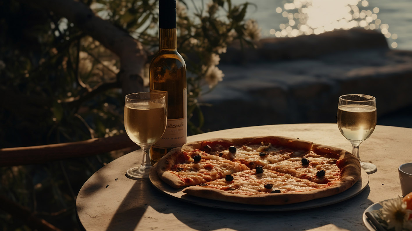 Πίτσα με συνοδεία κρασιού σε εξωτερικό χώρο