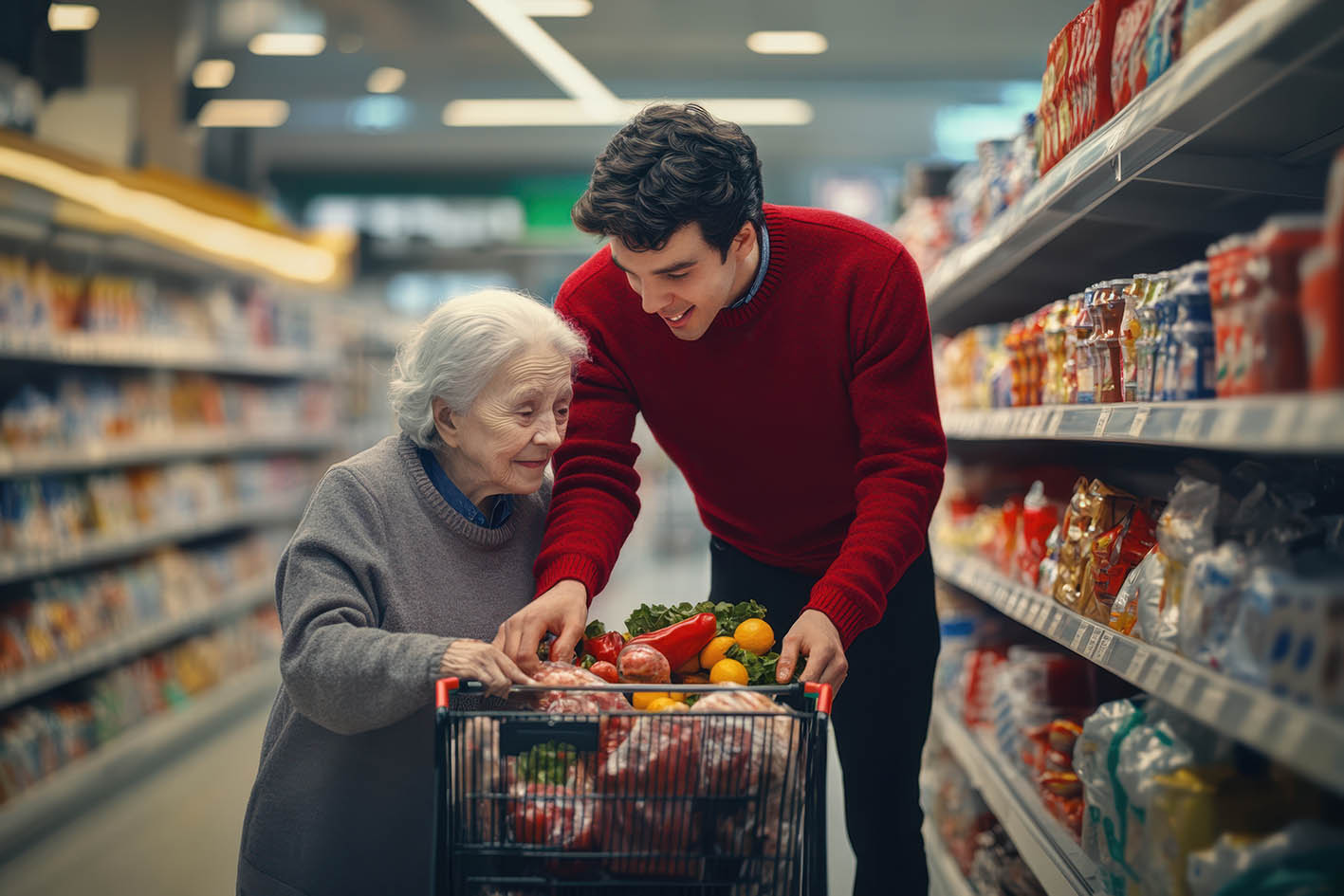 Βοηθώντας ηλικιωμένη γυναίκα στο σούπερ μάρκετ