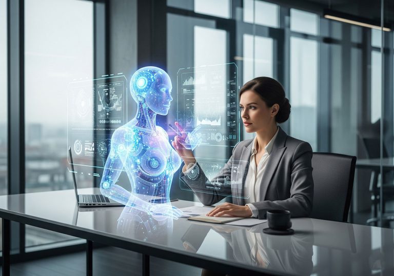 Γυναίκα χρησιμοποιεί στο γραφείο της τεχνητή νοημοσύνη