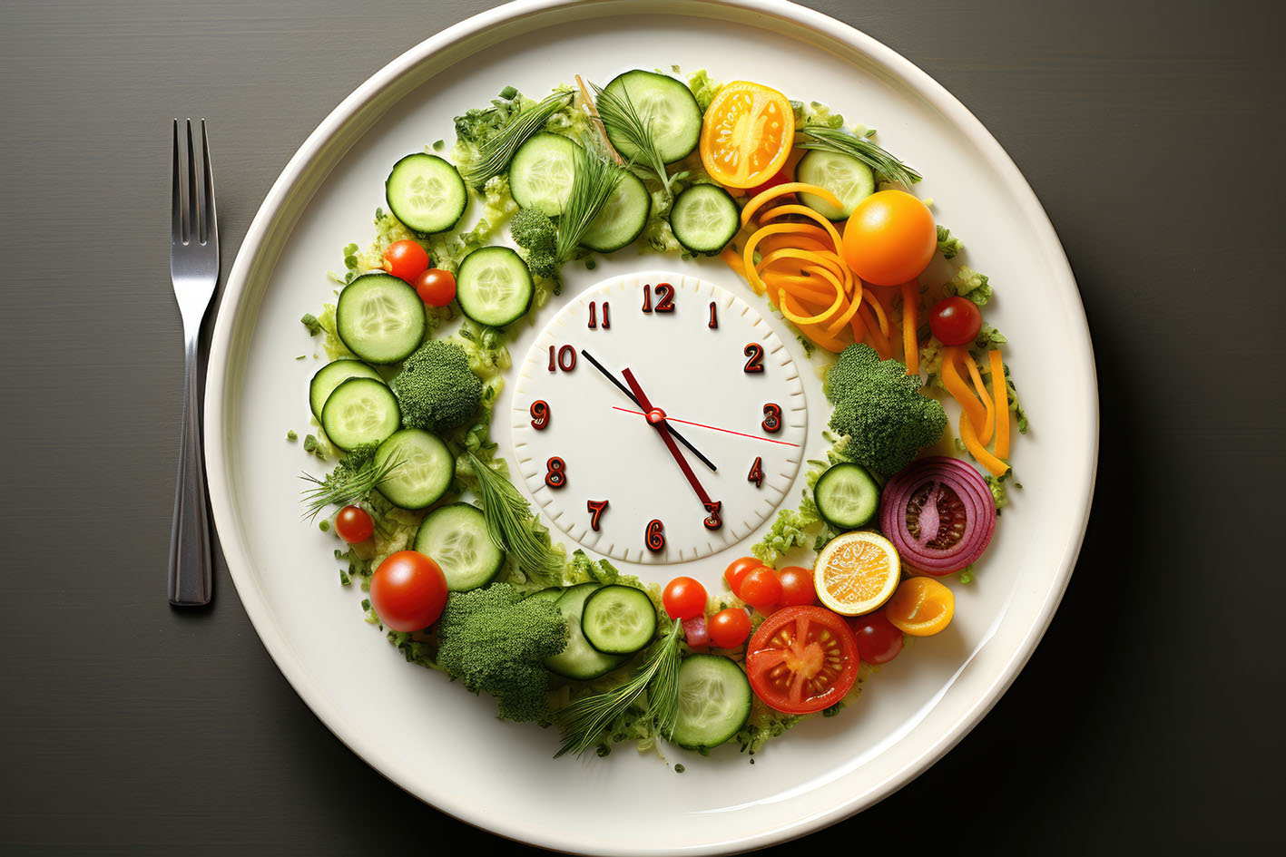 Πιάτο με λαχανικά και στη μέση ρολόι δείχνει ώρα