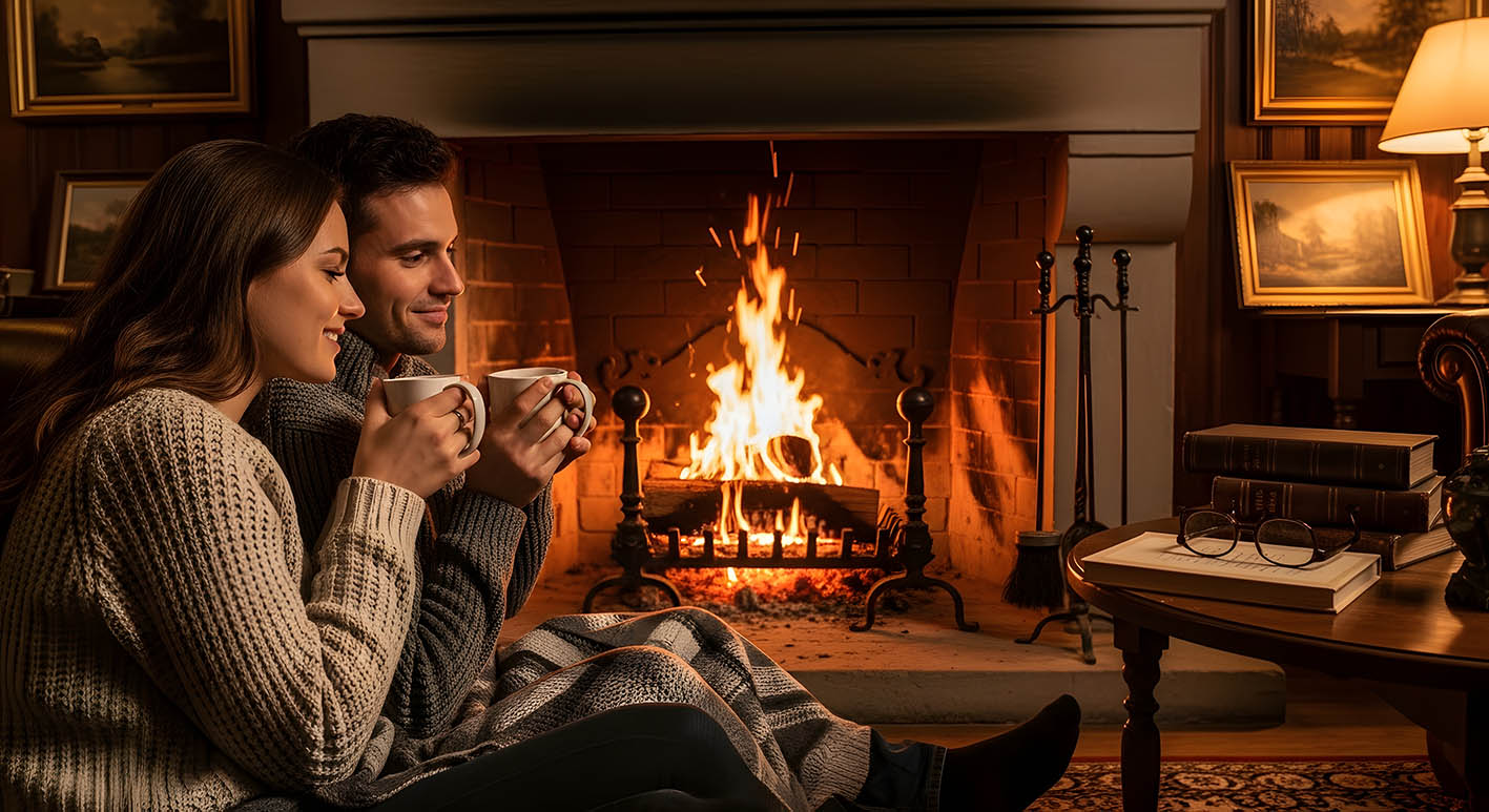 Ζευγάρι πίνει σοκολάτα δίπλα στο τζάκι