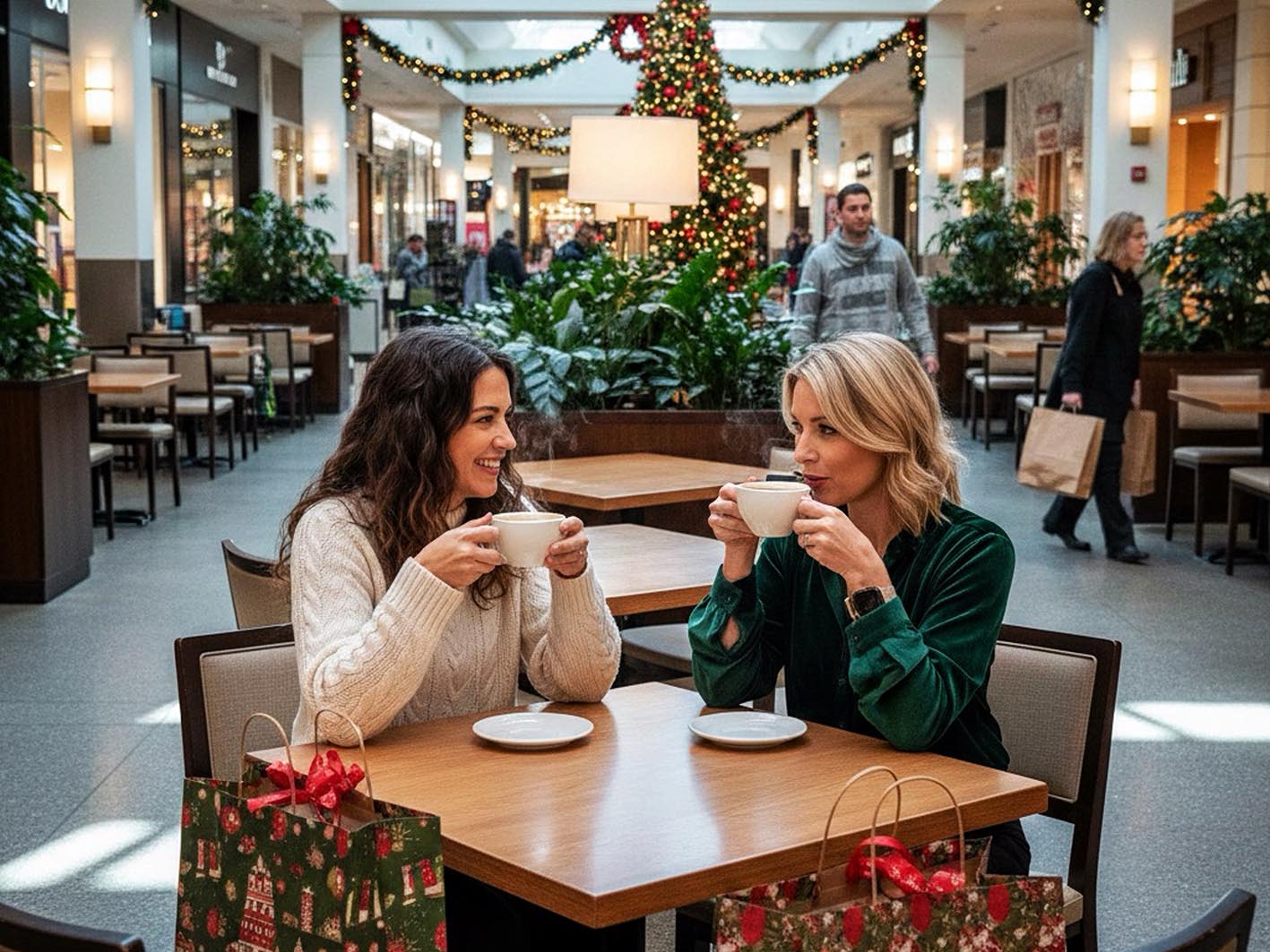 Φίλες πίνουν καφέ περίοδο Χριστουγέννων