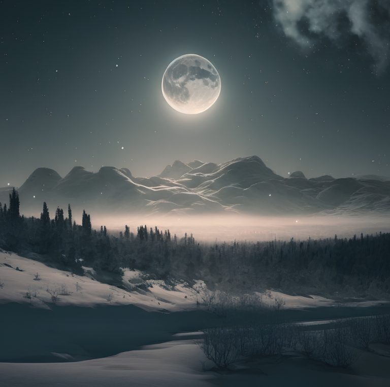 φωτεινή πανσέληνος στο χιονισμένο βουνό