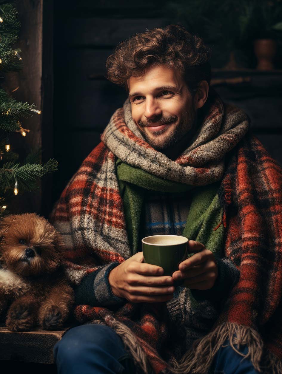 Άνδρας κουκουλωμένος τα Χριστούγεννα πίνει καφέ ή τσάι
