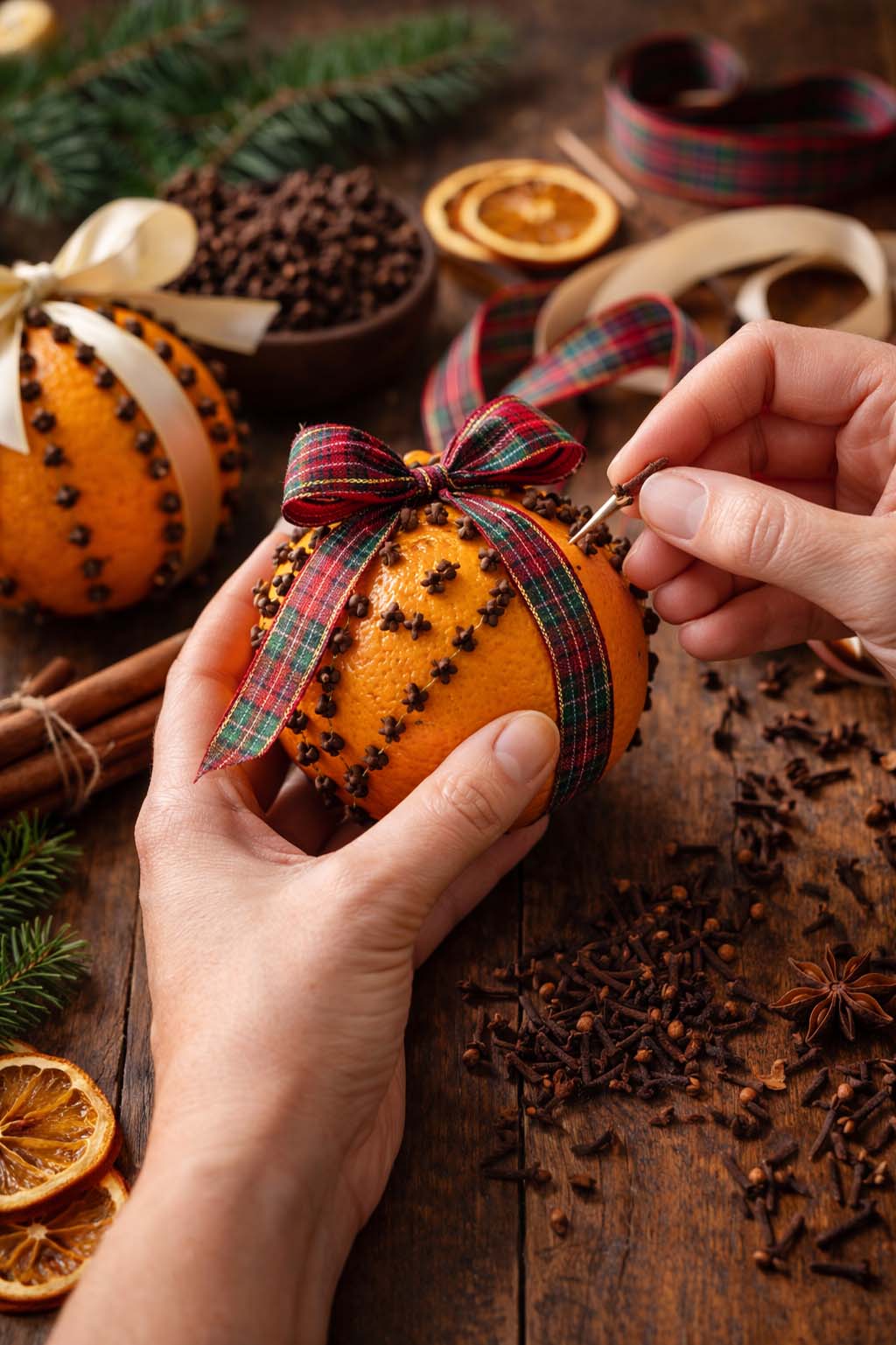 Πορτοκάλια με γαρίφαλλο και χέρι που τα τρυπά για να βάλει το γαρίφαλλο