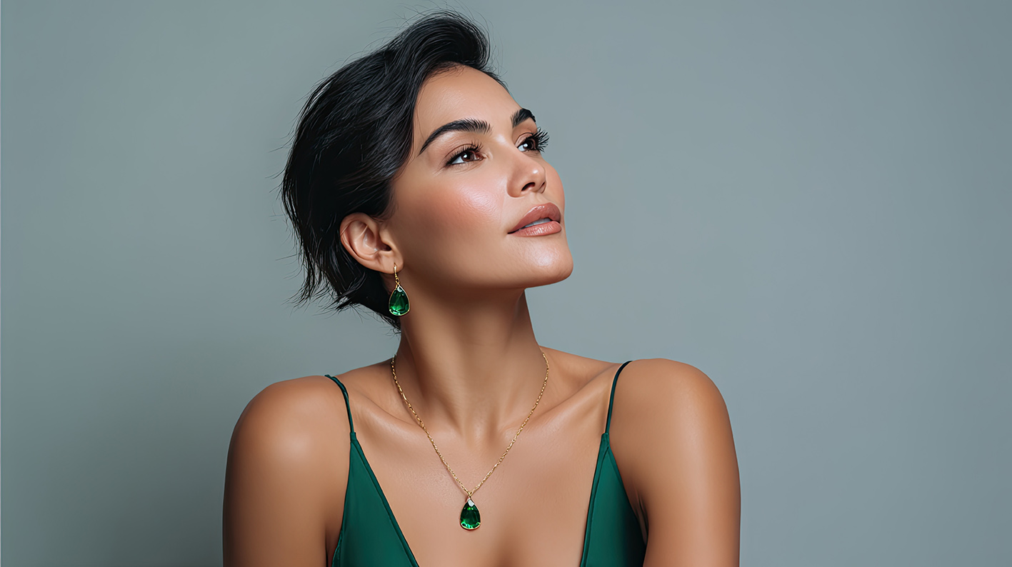 Γυναίκα με πράσινο φόρεμα και πράσινο κόσμημα στο λαιμό