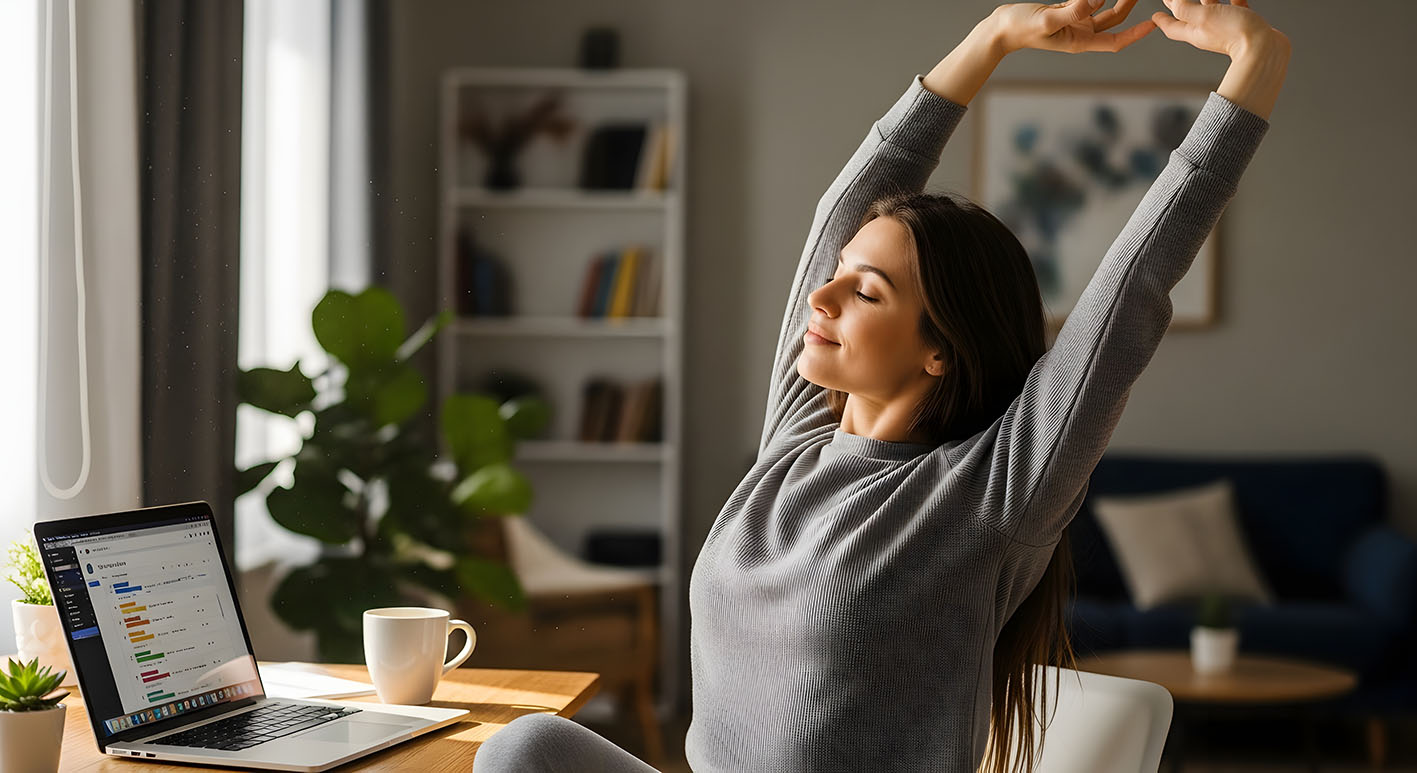 Γυναίκα μπροστά στην οθόνη κομπιούτερ τεντώνεται για να ξεκουράσει την πλάτη της