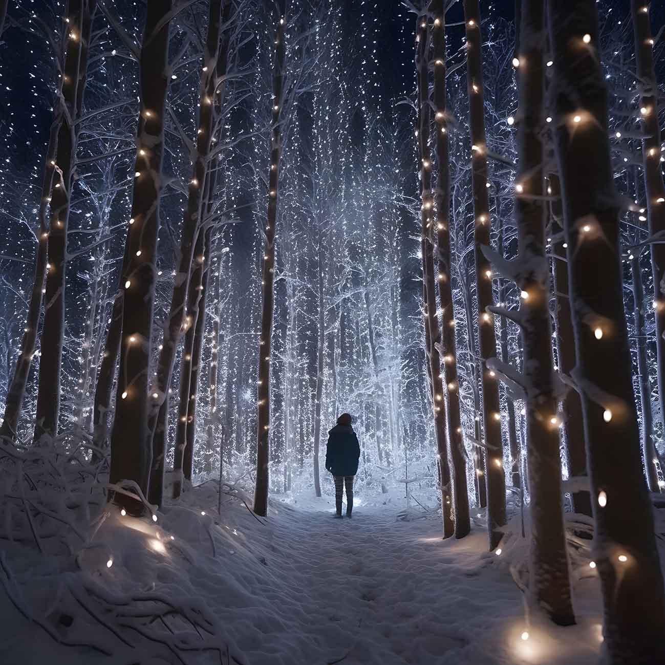 Γυναίκα περπατά στο δάσος σε χιονισμένο τοπίο με φωτάκια στα δέντρα... Χριστούγεννα