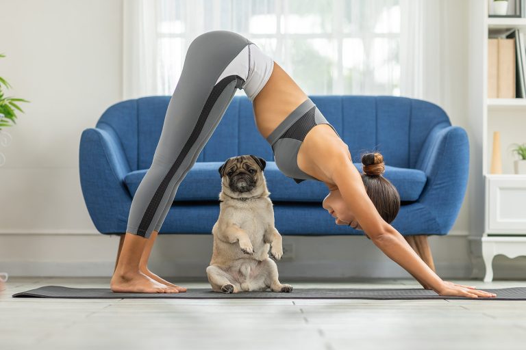 Γυναίκα κάνει άσκηση γιόγκα - Σκύλος με πρόσωπο προς τα κάτω άσκηση