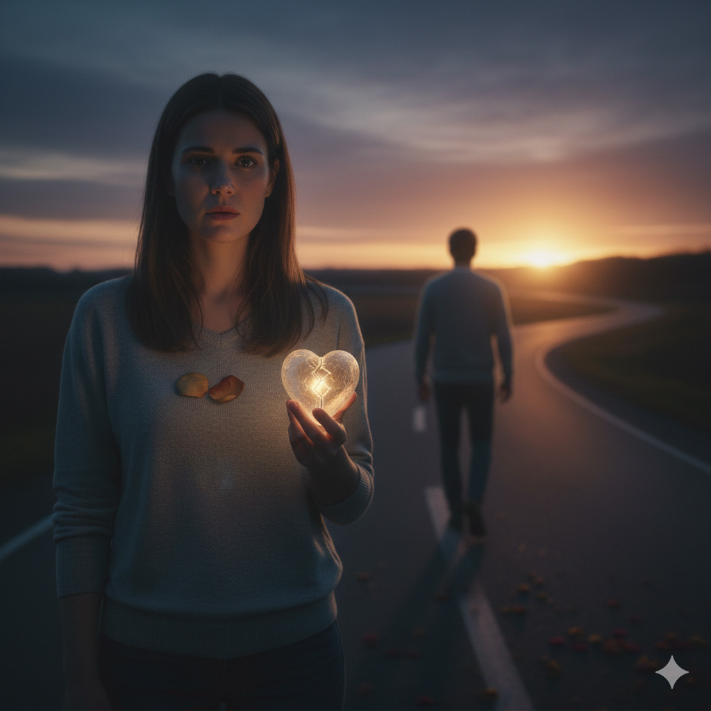 Γυναίκα κρατά την καρδιά στα χέρια της ενώ ο άνδρας φεύγει το ηλιοβασίλεμα